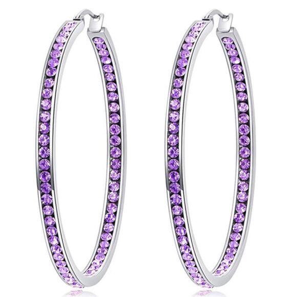 14K White Gold with Purple Amethyst Cubic Zirconia Big Hoop Latch Back Earrings
